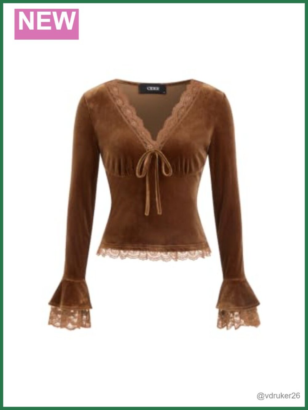 Velvet Cropped Long Sleeve Lace Trim V-Neck Going Out Top